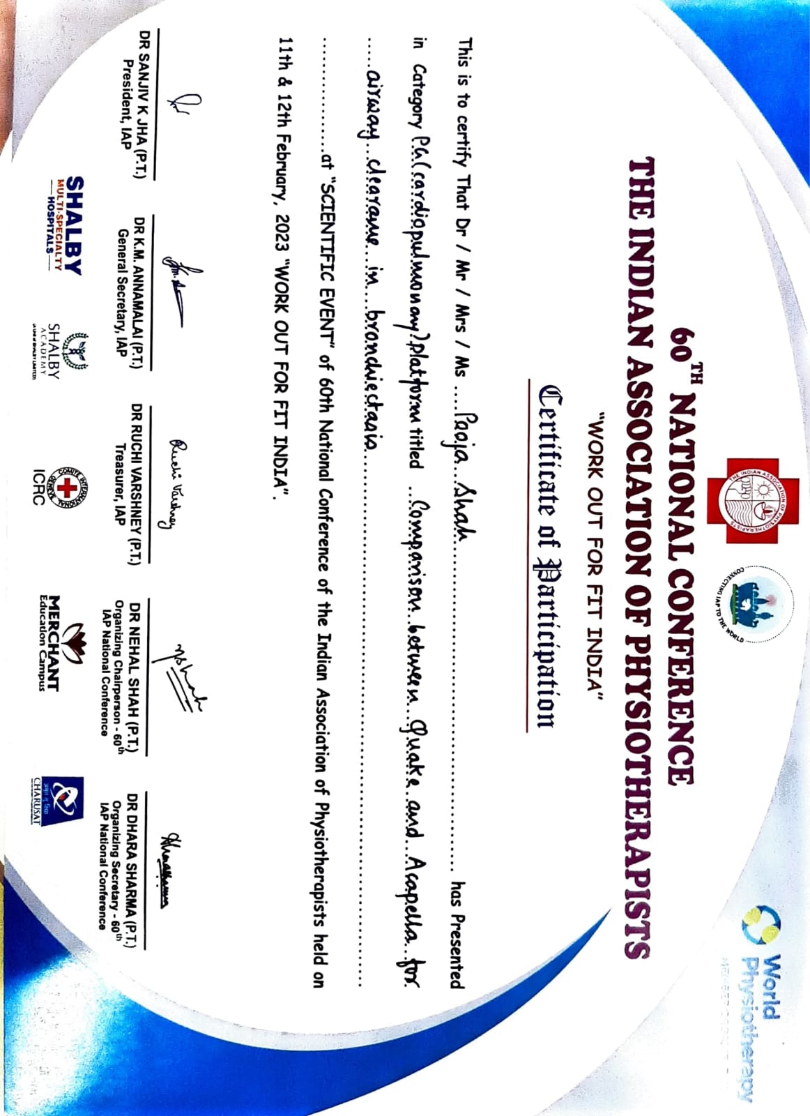 Ms. Pooja Shah (MPT II) Certificate