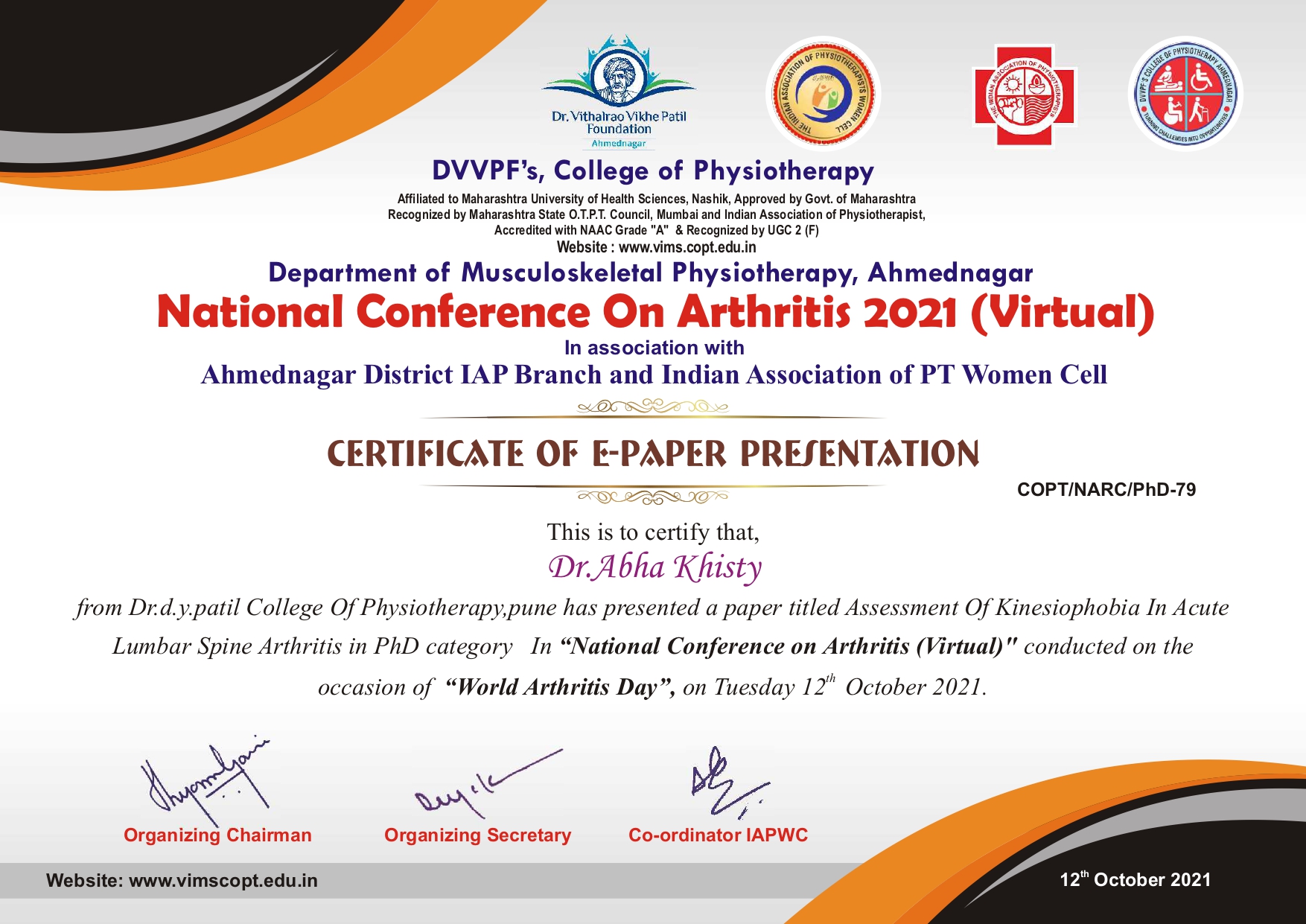 Dr. Abha Khisty certificate