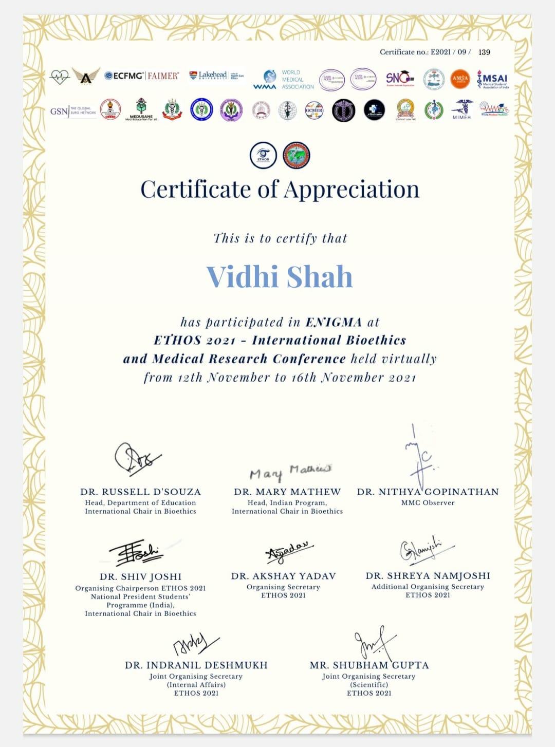 Dr. Vidhi Shah certificate