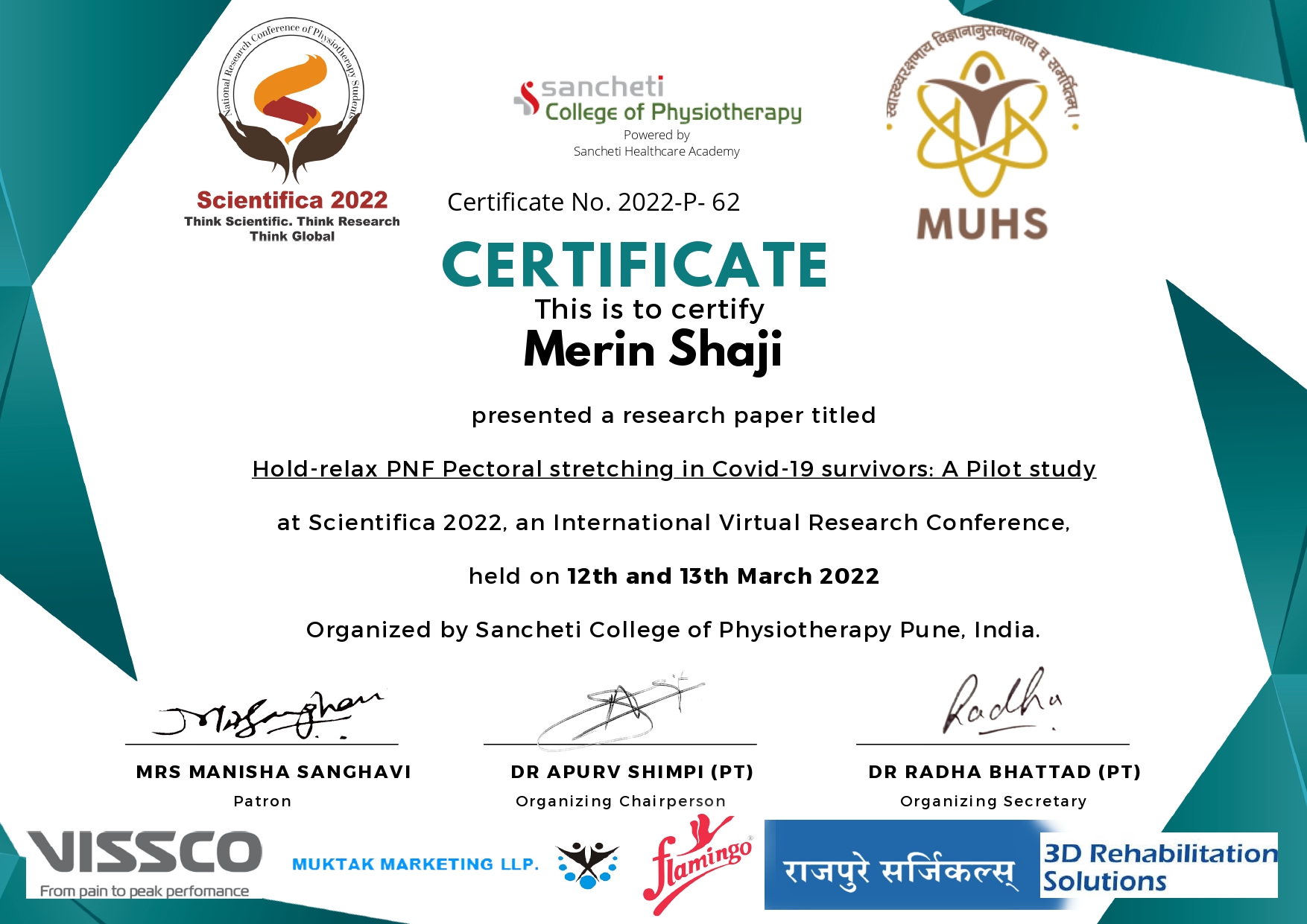 Ms. Merin Shaji, MPT II student certificate